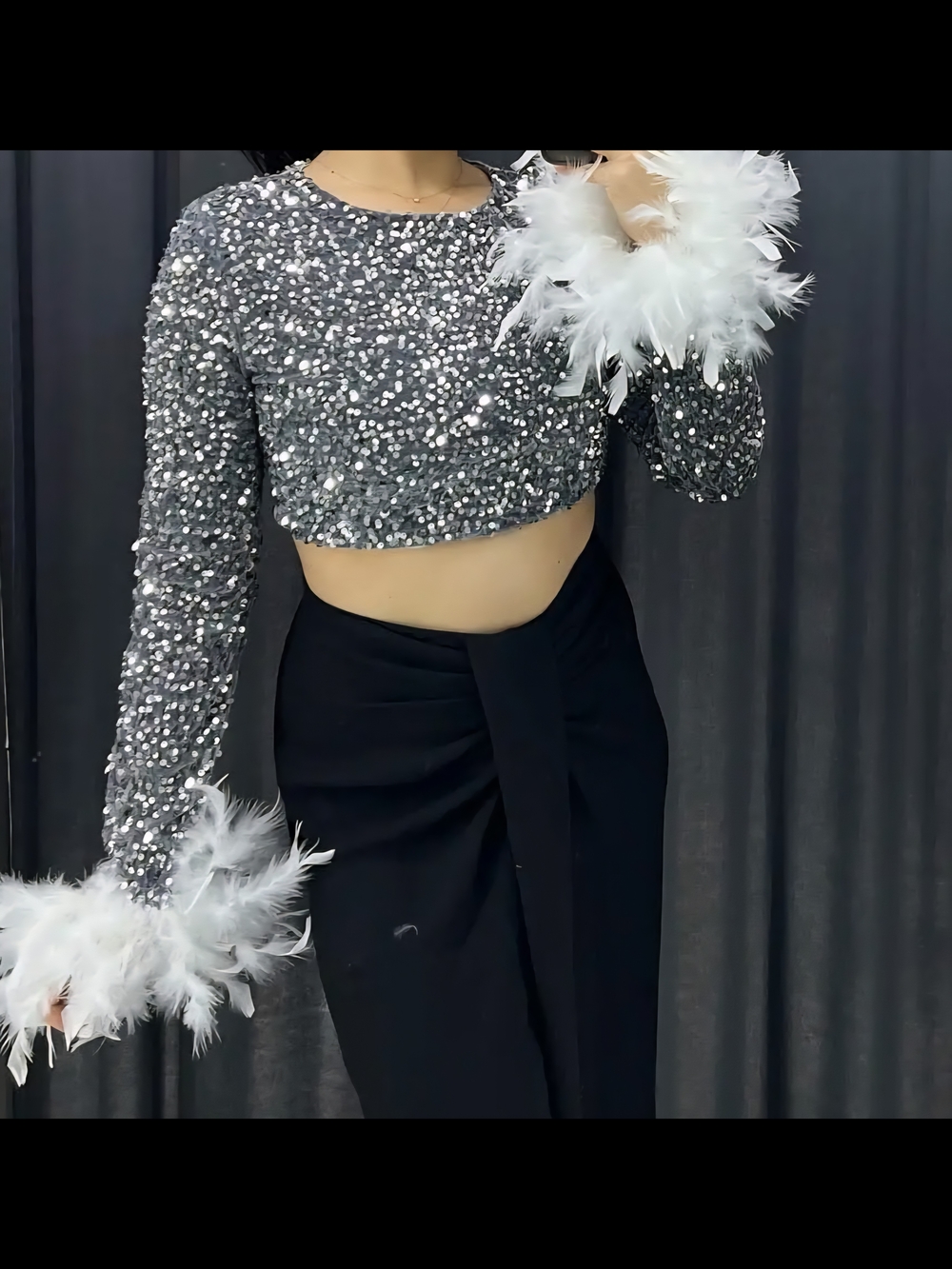 Sequined Gray Crop Top with Feather Cuffs - Women